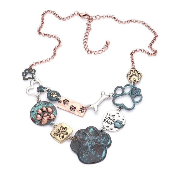 Green Dog Paw Prints Bone Pendant Necklace Patina Verdigris Puppy Animal Lover - Picture 2 of 2